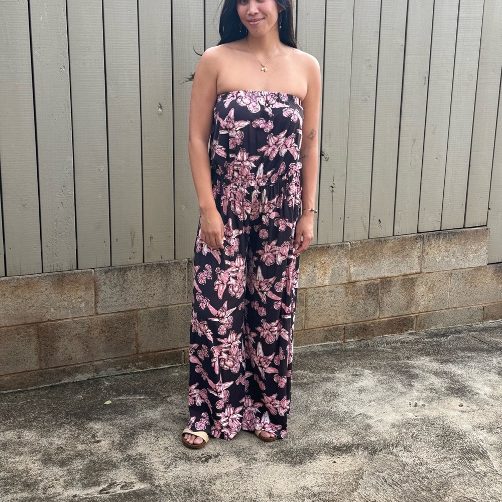 Elegant Floral Strapless Jumpsuit - charcoal grey and orchid color